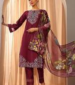 maroon floral embroidered straight suit set with dupatta