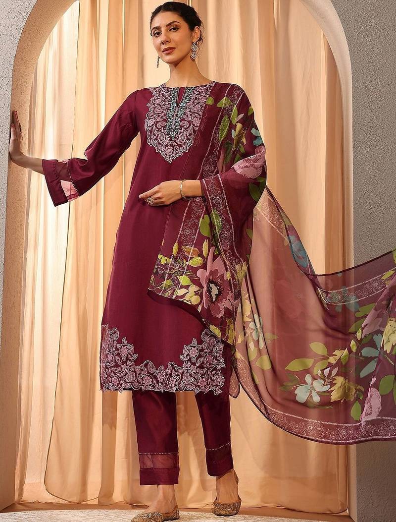 maroon floral embroidered straight suit set with dupatta