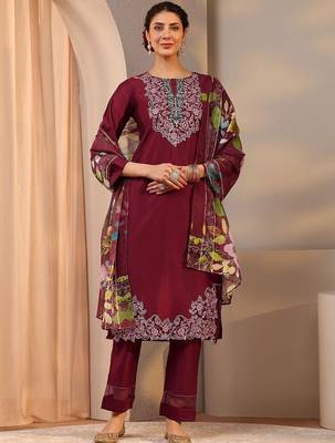 maroon floral embroidered straight suit set with dupatta 2