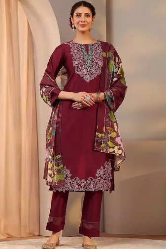 maroon floral embroidered straight suit set with dupatta