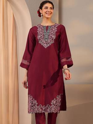maroon floral embroidered straight suit set with dupatta 3