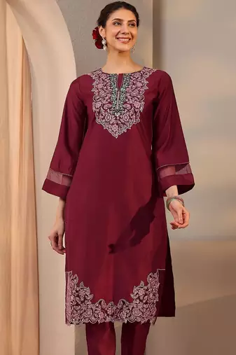 maroon floral embroidered straight suit set with dupatta