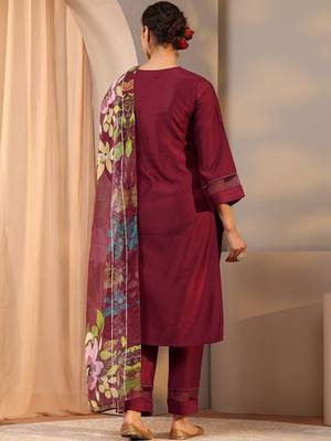 maroon floral embroidered straight suit set with dupatta 4