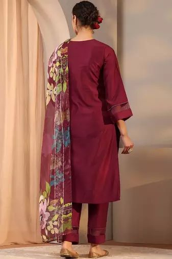 maroon floral embroidered straight suit set with dupatta