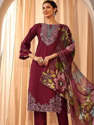 maroon floral embroidered straight suit set with dupatta 5
