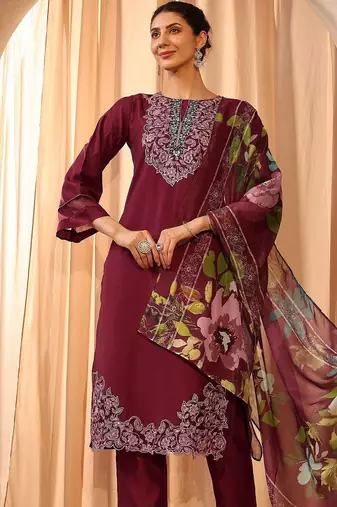 maroon floral embroidered straight suit set with dupatta
