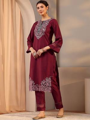 maroon floral embroidered straight suit set with dupatta 7