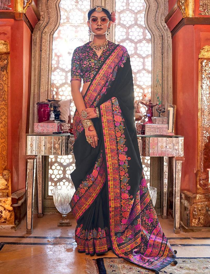 Black ethnic motifs silk blend banarasi saree