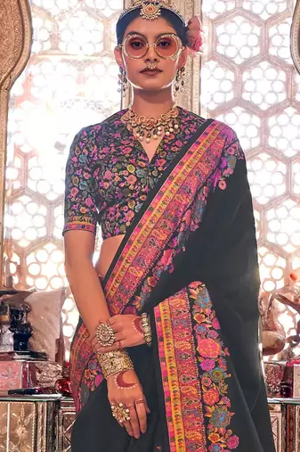 Black ethnic motifs silk blend banarasi saree