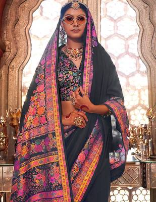 Black ethnic motifs silk blend banarasi saree 3
