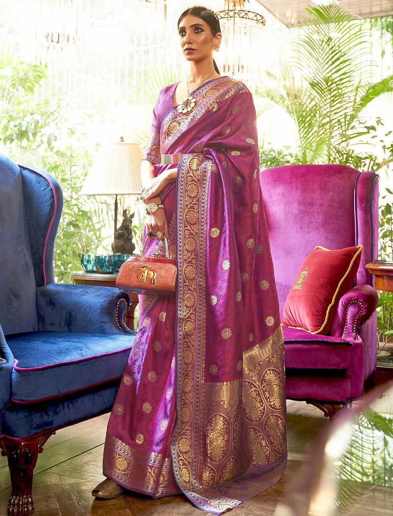 Magenta floral printed banarasi saree