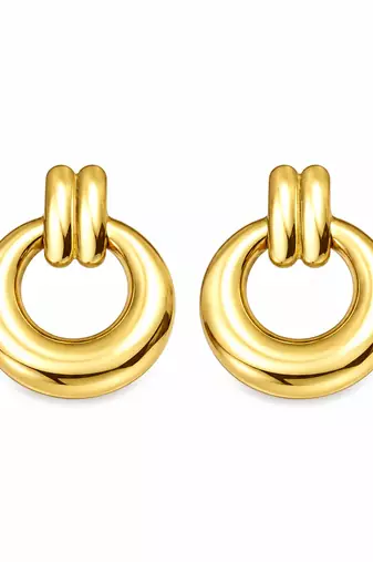 Anti-tarnish door knocker style, polished finish, chunky hoop design, women's jewellery.