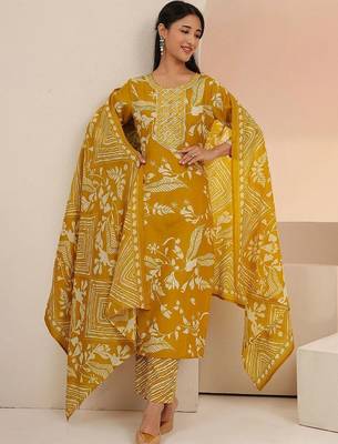 mustard floral printed cotton blend straight suit set 1
