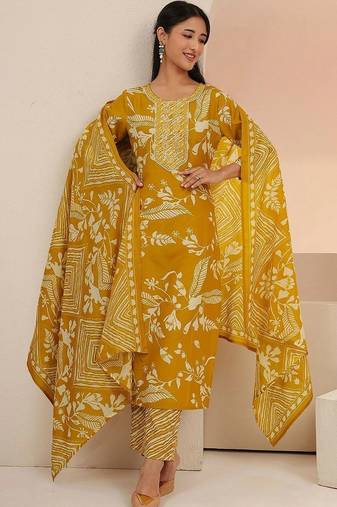 mustard floral printed cotton blend straight suit set