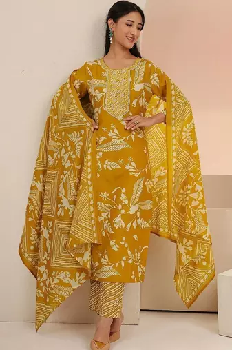 mustard floral printed cotton blend straight suit set