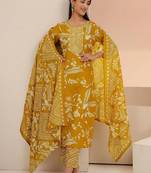 mustard floral printed cotton blend straight suit set