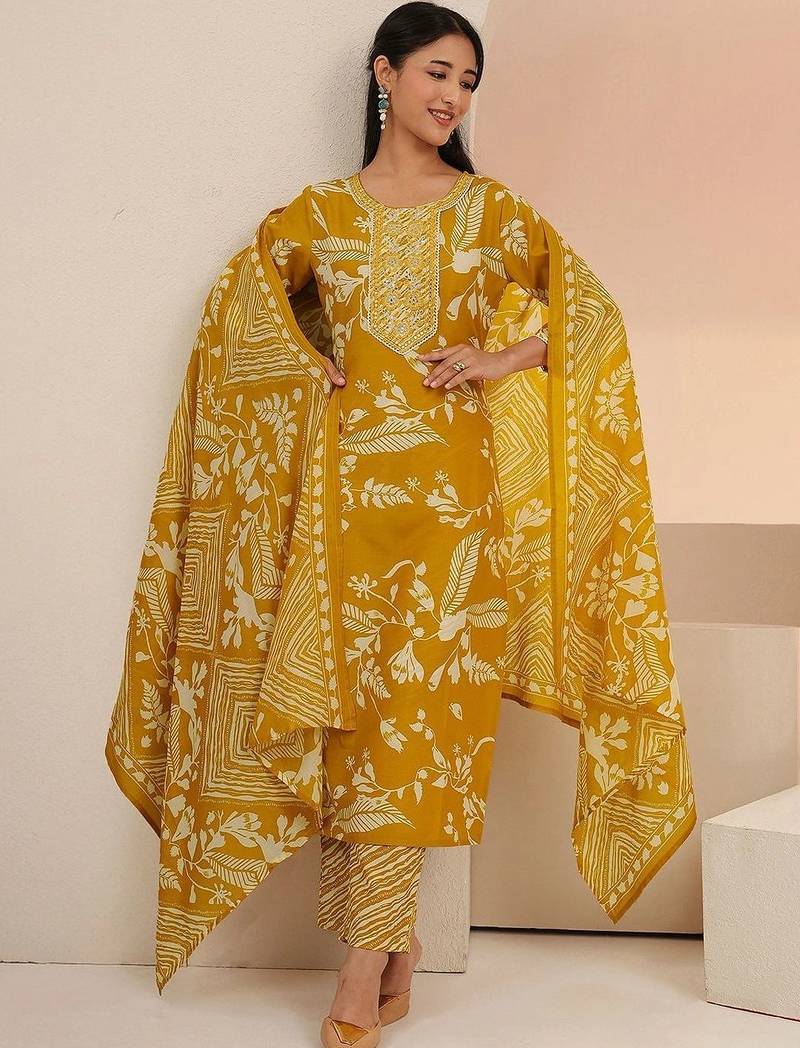 mustard floral printed cotton blend straight suit set