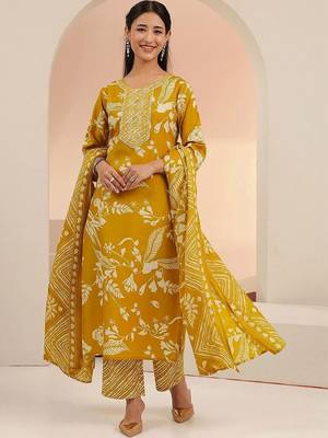 mustard floral printed cotton blend straight suit set 2