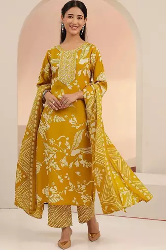 mustard floral printed cotton blend straight suit set