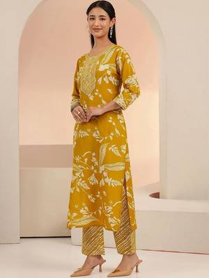 mustard floral printed cotton blend straight suit set 3
