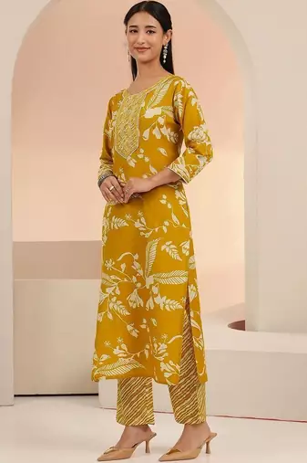 mustard floral printed cotton blend straight suit set