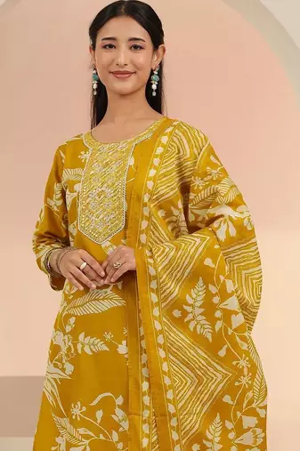 mustard floral printed cotton blend straight suit set