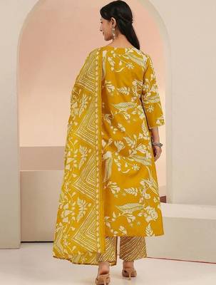 mustard floral printed cotton blend straight suit set 6