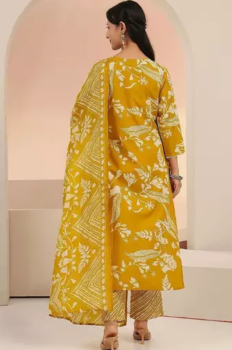 mustard floral printed cotton blend straight suit set