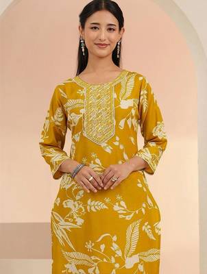 mustard floral printed cotton blend straight suit set 7