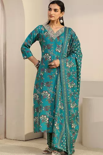 women floral printed regular kurta with trousers & with dupatta