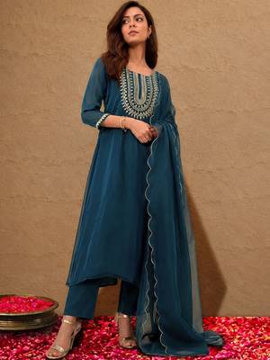 libas navy blue yoke design tissue straight suit set 1