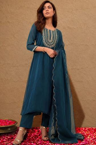 libas navy blue yoke design tissue straight suit set