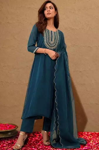 libas navy blue yoke design tissue straight suit set