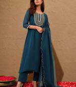 libas navy blue yoke design tissue straight suit set