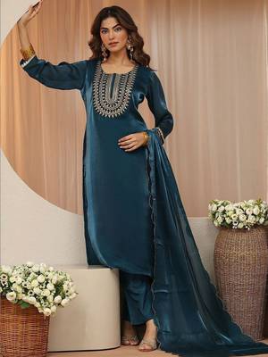 libas navy blue yoke design tissue straight suit set 2