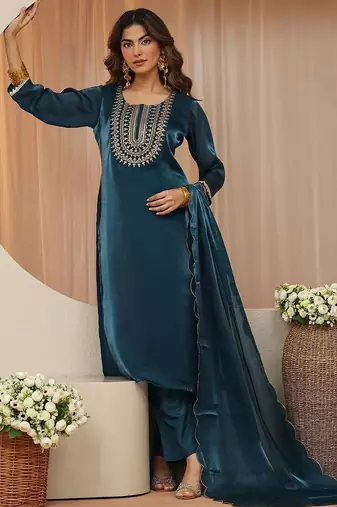 libas navy blue yoke design tissue straight suit set