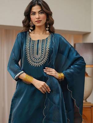 libas navy blue yoke design tissue straight suit set 3