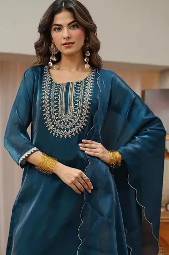 libas navy blue yoke design tissue straight suit set
