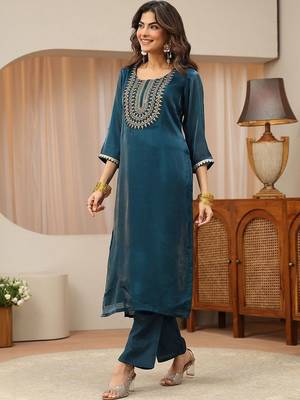 libas navy blue yoke design tissue straight suit set 4