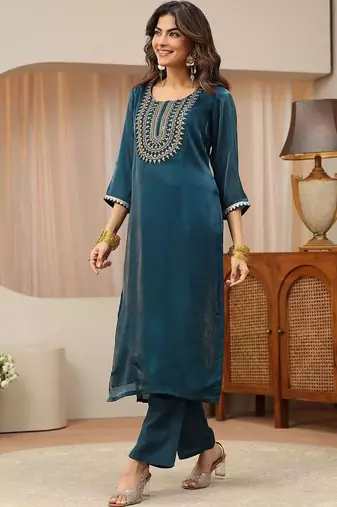 libas navy blue yoke design tissue straight suit set