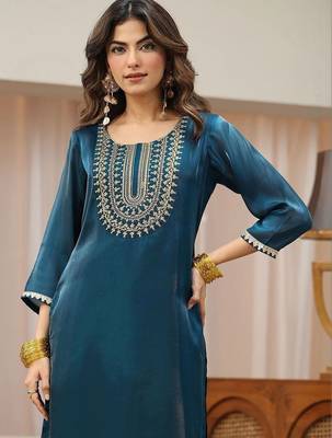 libas navy blue yoke design tissue straight suit set 5
