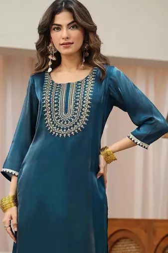 libas navy blue yoke design tissue straight suit set