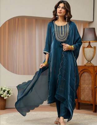 libas navy blue yoke design tissue straight suit set 6
