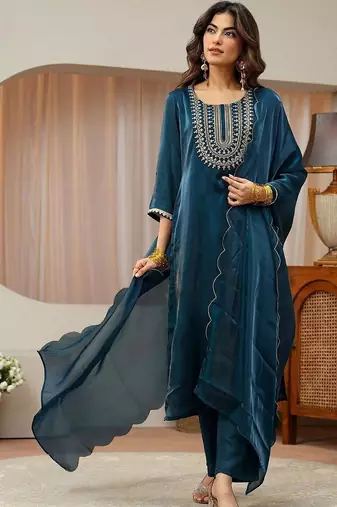 libas navy blue yoke design tissue straight suit set