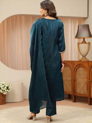 libas navy blue yoke design tissue straight suit set 7