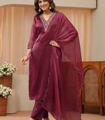 libas red yoke design tissue straight suit set