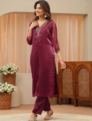 libas red yoke design tissue straight suit set 2