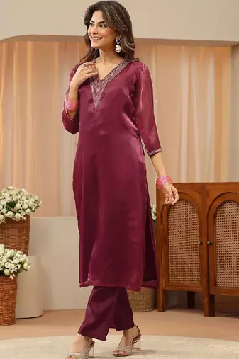libas red yoke design tissue straight suit set