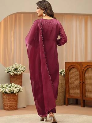 libas red yoke design tissue straight suit set 3