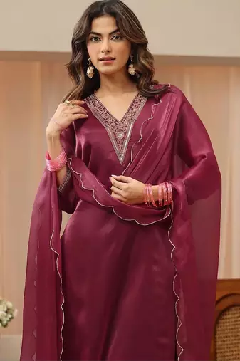 libas red yoke design tissue straight suit set